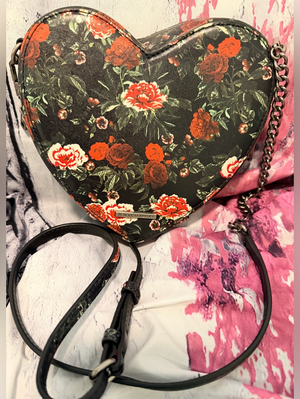 Rebecca Minkoff floral  Heart Crossbody Bag - Black & Red EUC B59
